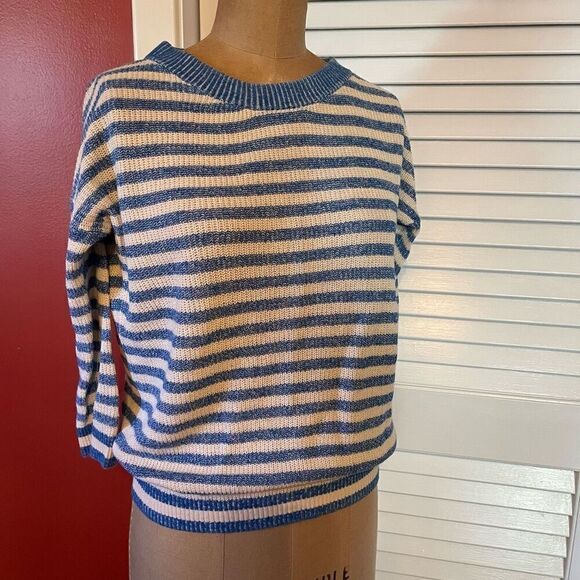 J CREW | blue & cream striped 3/4 sleeve sweater XXS - Picture 1 of 7